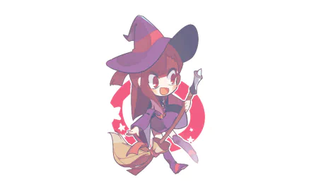 Chibi Atsuko Kagari from Little Witch Academia, cheerful in a witch hat with broom and wand — colorful anime HD PC desktop wallpaper/background.