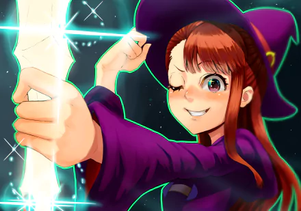 HD desktop wallpaper of Atsuko Kagari from Little Witch Academia, depicted in vibrant anime style, casting a spell with a confident wink.
