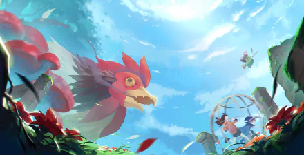 This HD desktop wallpaper from Little Witch Academia features Lotte Yanson, Sucy Manbavaran, and Atsuko Kagari with a magical, vibrant backdrop and a giant bird under a bright, clear sky.