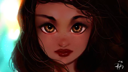 This HD desktop wallpaper features a close-up of Moana Waialiki from the movie Moana, showcasing her expressive eyes and detailed facial features against a blurred, colorful background.