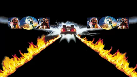 HD PC desktop wallpaper of the movie Back To The Future: DeLorean emitting sparks and leaving twin flaming tire tracks across a black background.