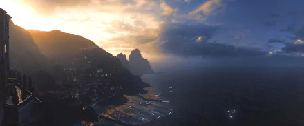 HD PC desktop wallpaper background from the video game Uncharted 4: A Thief's End — golden sunset over a coastal town and marina cradled by rugged cliffs and a misty ocean.