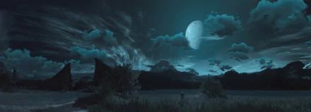 HD desktop wallpaper featuring a serene night landscape from The Witcher 3: Wild Hunt, with a large moon and scattered clouds illuminating a lush meadow.