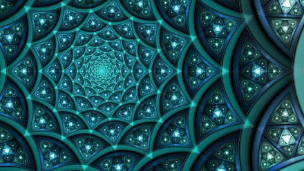 HD desktop wallpaper featuring a psychedelic, turquoise and blue fractal pattern. Abstract and trippy design with intricate, repeating shapes creating a mesmerizing visual effect.