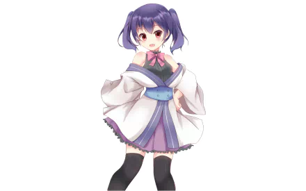 Anime character from Urara Meirochō in a white-and-purple outfit with black thigh-highs, centered on a clean white 2K Quad HD PC desktop wallpaper background.