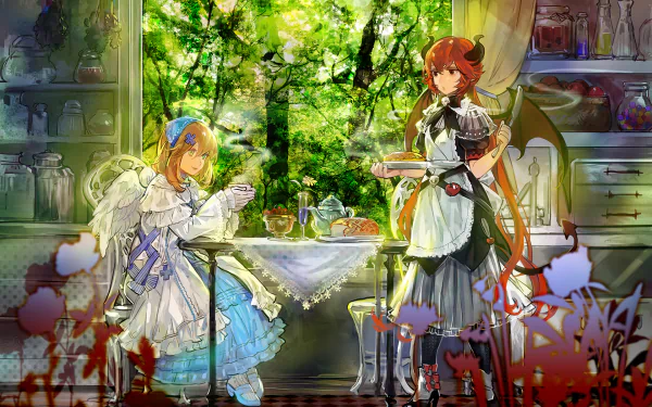 HD anime desktop wallpaper featuring Dialo and Chelan from The Gray Garden, set in a bright, detailed kitchen with lush greenery visible through the window.