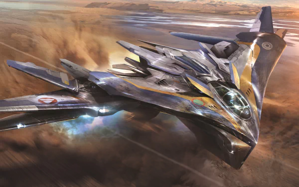 HD desktop wallpaper featuring a spaceship from the movie Guardians of the Galaxy, flying above a desert landscape. The spacecraft has a sleek, futuristic design with glowing blue engines.