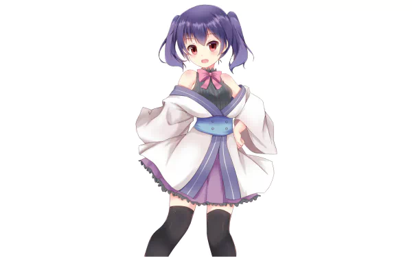 Anime character from Urara Meirochō in a white-and-purple outfit with black thigh-highs, centered on a clean white 2K Quad HD PC desktop wallpaper background.