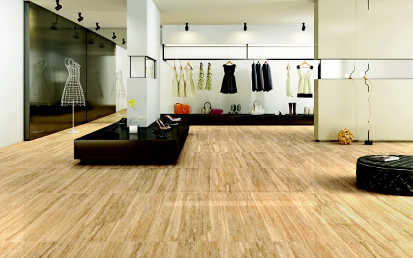 HD desktop wallpaper showcasing a stylish interior design of a fashion showroom with handbags, dresses, shoes, and modern man-made elements in a spacious room.