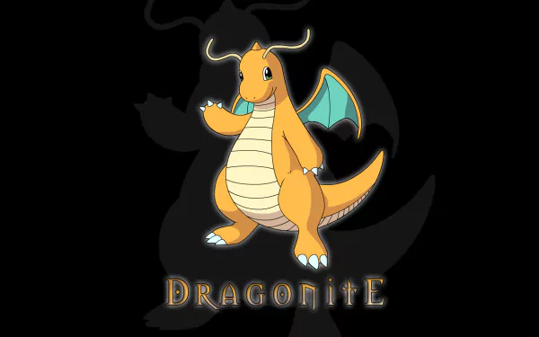 HD desktop wallpaper featuring Dragonite, the Pokémon from the anime series. Dragonite stands confidently with its wings spread, set against a black background with its name in bold letters below.