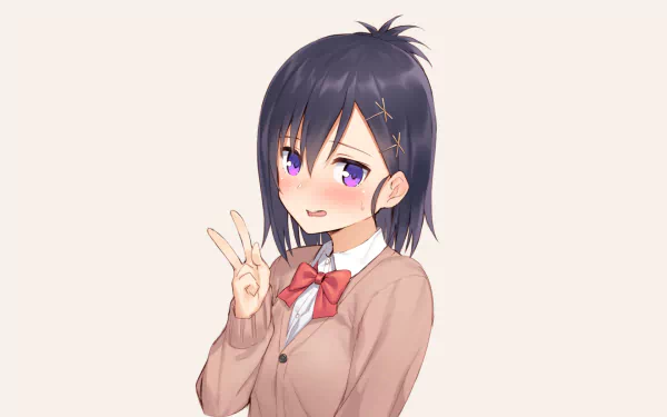 HD anime desktop wallpaper featuring Vignette Tsukinose April from Gabriel DropOut making a peace sign with a soft blush and a beige school uniform.