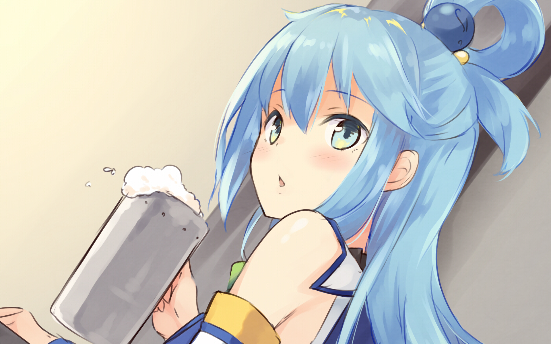 HD anime wallpaper featuring Aqua from KonoSuba - God’s blessing on this wonderful world!! holding a frothy mug, showcasing her blue hair and expressive gaze.