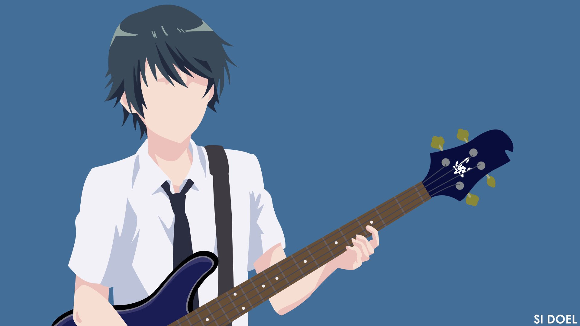 Yuu Haruna from Fuuka — anime 2K Quad HD PC desktop wallpaper showing a stylized faceless character playing a blue bass guitar against a flat blue background.
