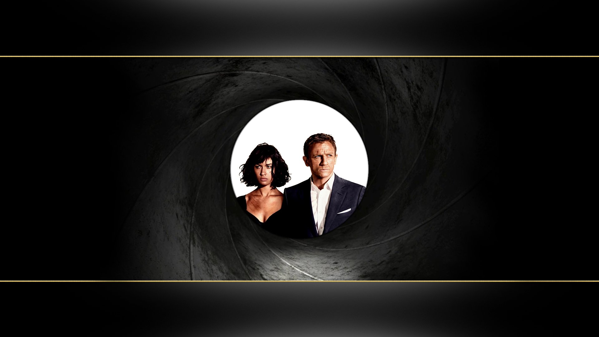 HD PC desktop wallpaper featuring Daniel Craig as James Bond and Olga Kurylenko as Camille Montes from the movie Quantum of Solace, framed by the iconic gun barrel design.