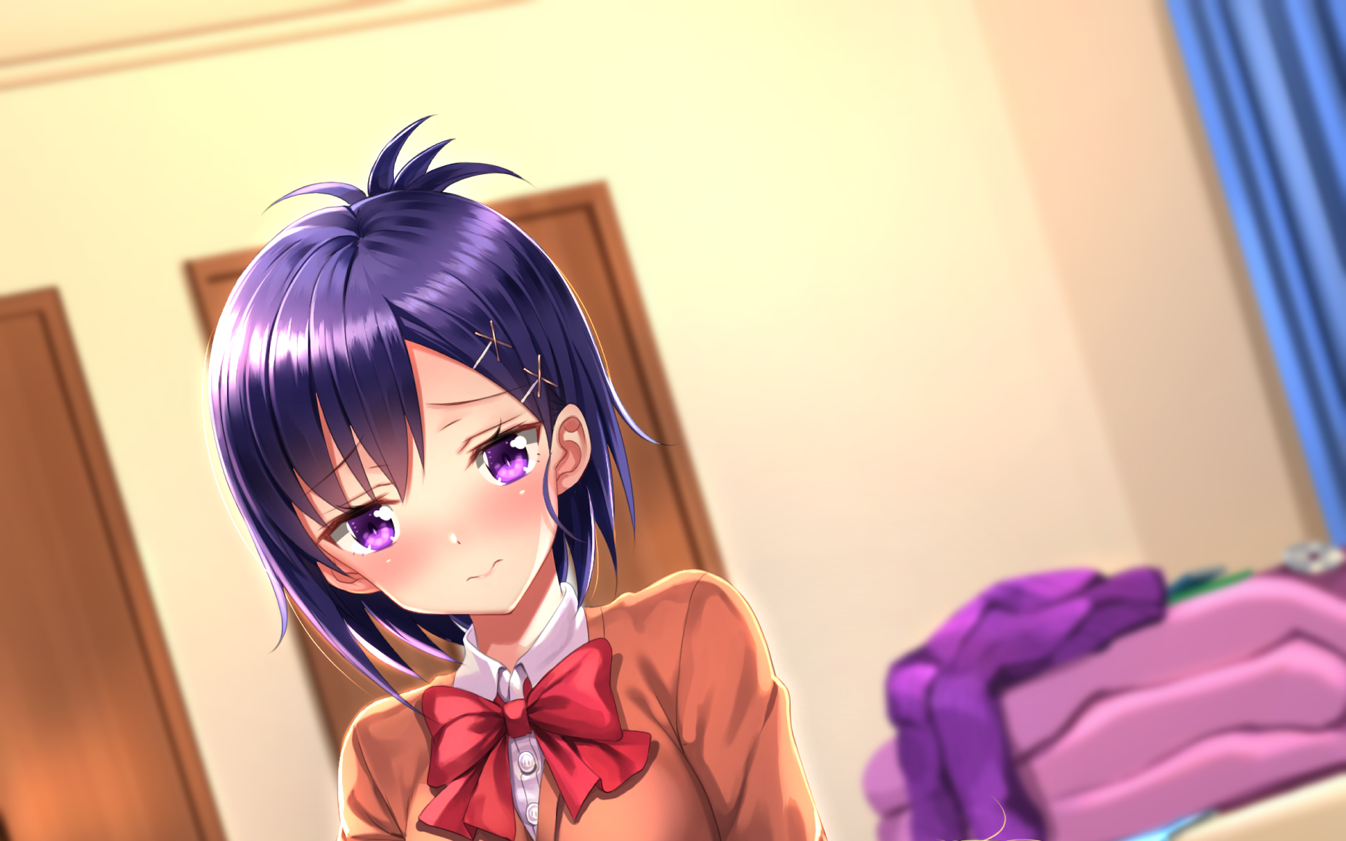 Vignette Tsukinose April from Gabriel DropOut — anime HD PC desktop wallpaper showing a purple‑haired schoolgirl in uniform with a red bow, softly lit bedroom background.