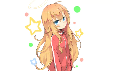 HD desktop wallpaper featuring Gabriel Tenma White from the anime Gabriel DropOut, with colorful stars and dots on a white background.