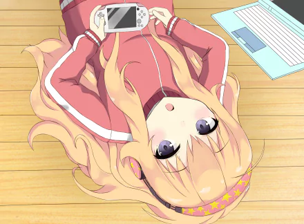 HD desktop wallpaper featuring Gabriel Tenma White from the anime Gabriel DropOut, lying on the floor with a handheld gaming device and a laptop nearby.
