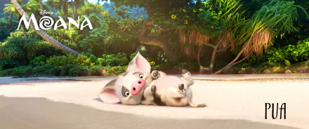 HD wallpaper featuring Pua, the cute pig from Moana, playfully lying on the beach with lush green tropical foliage in the background.