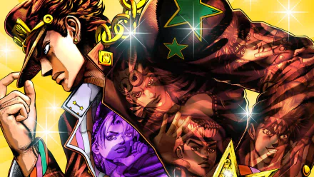 HD PC desktop wallpaper featuring dynamic anime characters from Jojo's Bizarre Adventure with vibrant colors and glowing effects.