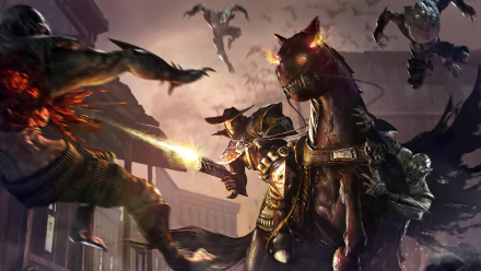 HD PC desktop wallpaper from the video game Dark Watch, featuring an armored rider on horseback firing a weapon amidst flying enemies in a dark, intense battle scene.