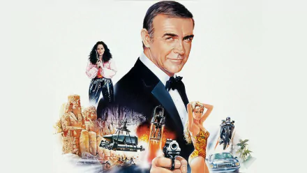 HD desktop wallpaper: stylized movie-poster of James Bond aiming a pistol, flanked by Fatima Blush and femme fatales, with cars and explosions — art from Never Say Never Again.
