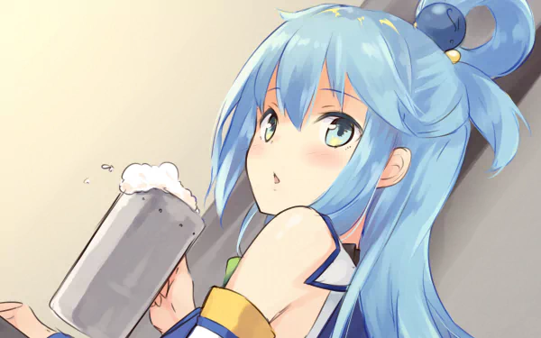 HD anime wallpaper featuring Aqua from KonoSuba - God’s blessing on this wonderful world!! holding a frothy mug, showcasing her blue hair and expressive gaze.