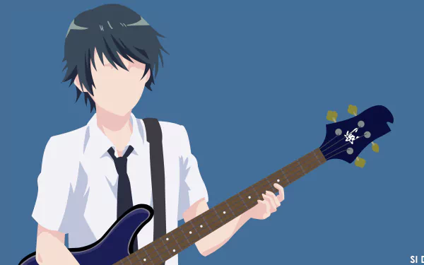 Yuu Haruna from Fuuka — anime 2K Quad HD PC desktop wallpaper showing a stylized faceless character playing a blue bass guitar against a flat blue background.