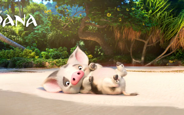 HD wallpaper featuring Pua, the cute pig from Moana, playfully lying on the beach with lush green tropical foliage in the background.