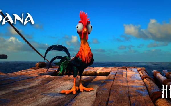 HD desktop wallpaper featuring Heihei, the quirky chicken from the movie Moana, standing on a wooden plank overlooking the ocean under a bright blue sky with scattered clouds.