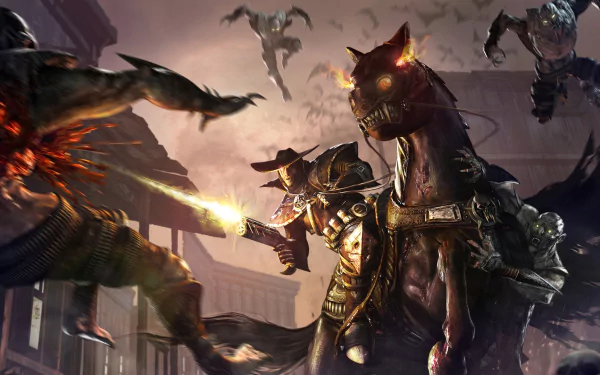 HD PC desktop wallpaper from the video game Dark Watch, featuring an armored rider on horseback firing a weapon amidst flying enemies in a dark, intense battle scene.