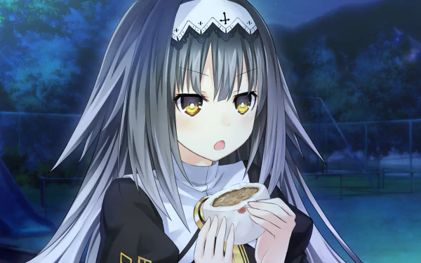 HD PC desktop wallpaper featuring Marina Arusu from the anime Date A Live, depicted holding a sandwich against a nighttime outdoor background.