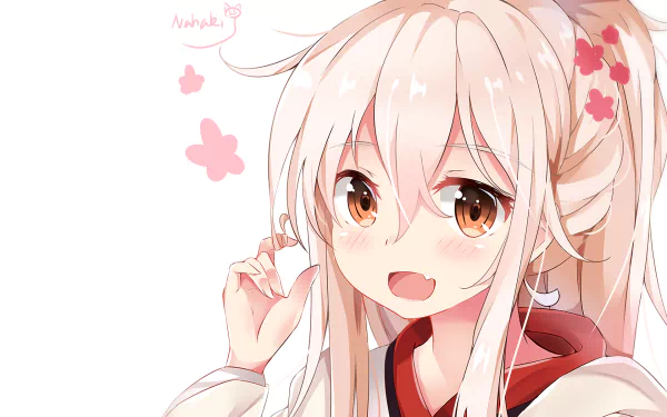 HD anime desktop wallpaper featuring a close-up of a cheerful character from Urara Meirochō with long light hair and warm brown eyes, surrounded by pink floral accents.