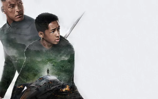 After Earth movie HD PC desktop wallpaper showing adult and teenage male figures blended with forest textures, a lone person and wrecked spacecraft below against a stark white background.
