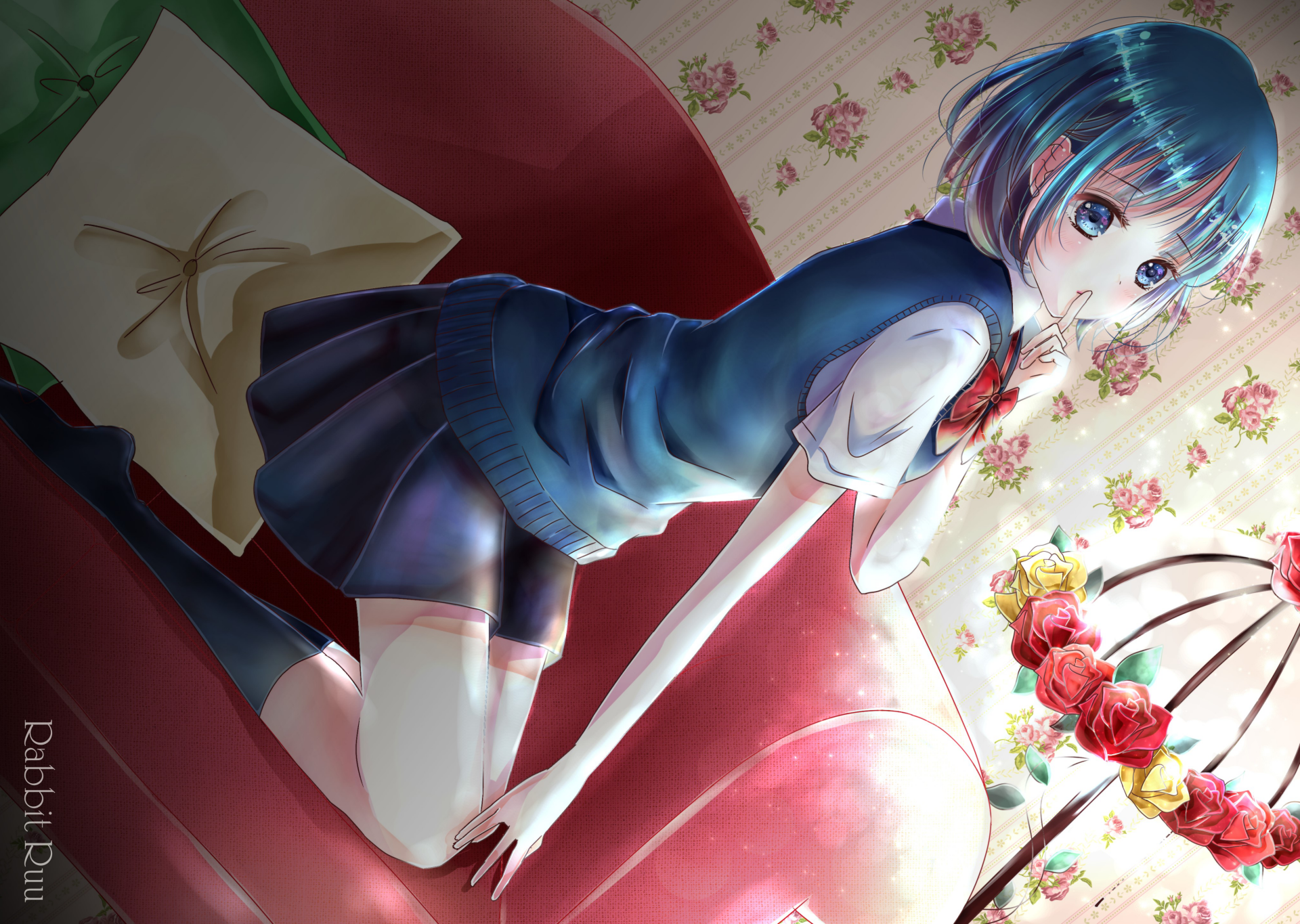 4K Ultra HD anime wallpaper featuring a character from Kuzu no Honkai with blue hair and a school uniform, set against a floral background and red couch.