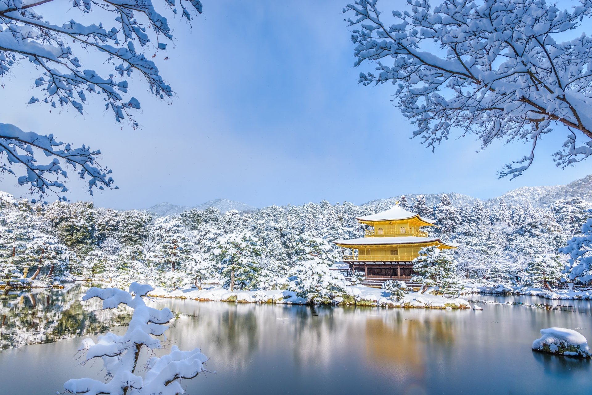 A serene winter park scene with snow-covered trees reflecting on a calm lake, highlighting a golden pagoda under a clear blue sky in 4K Ultra HD quality.