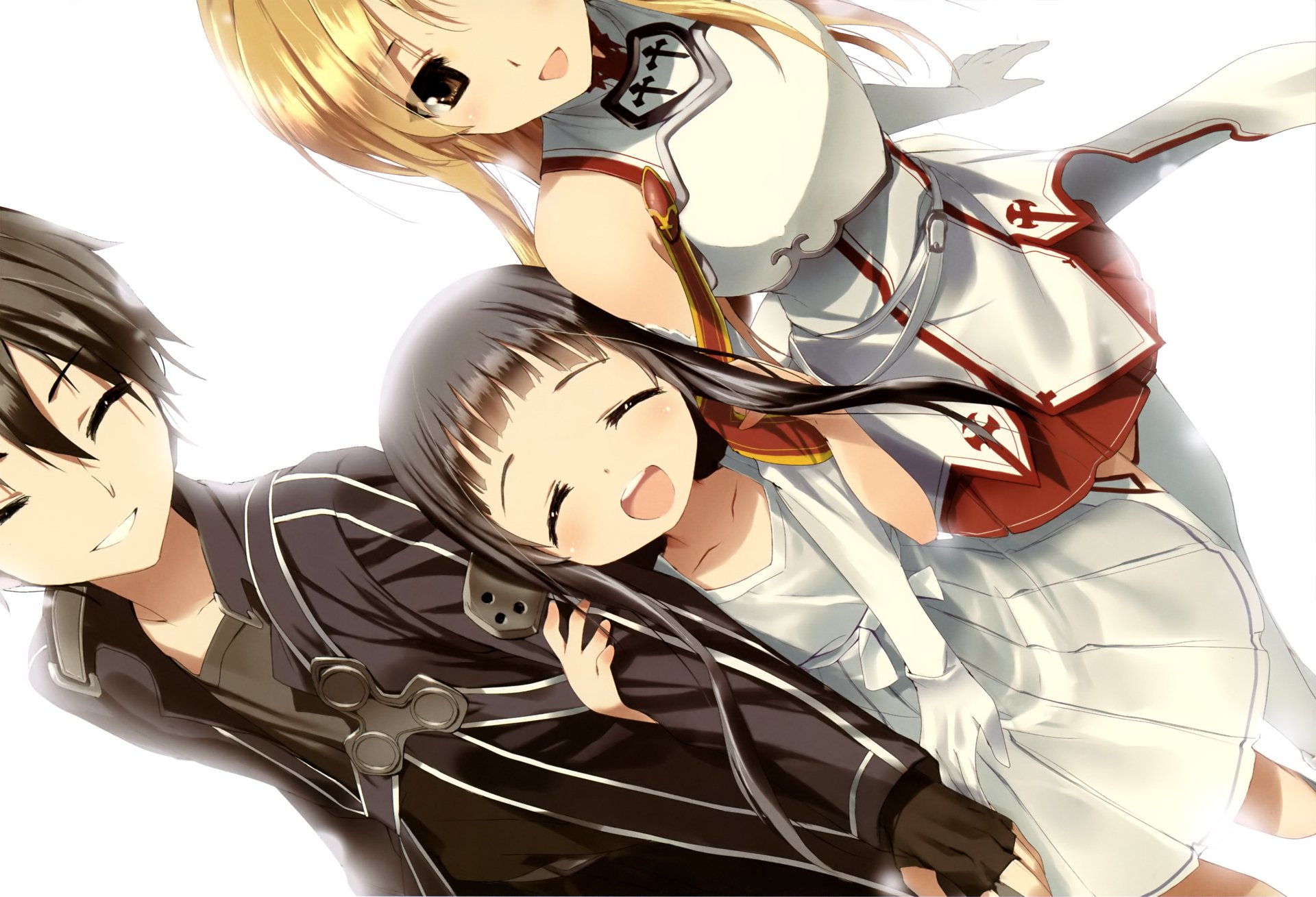 4K Ultra HD Sword Art Online anime wallpaper featuring three characters in detailed outfits with bright, soft colors and expressive faces on a white background.