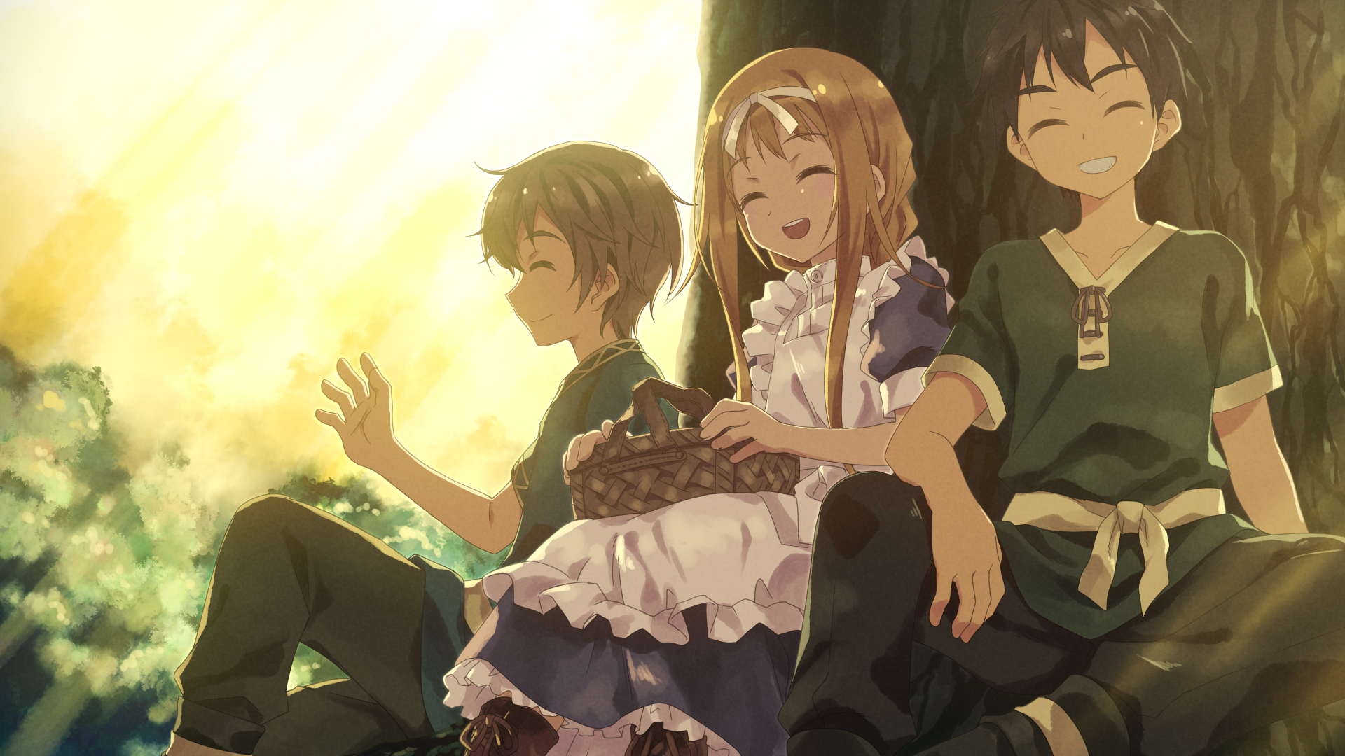 HD wallpaper featuring Kirito, Alice Zuberg, and Eugeo from Sword Art Online: Alicization, seated outdoors, smiling and enjoying a serene moment under golden sunlight.