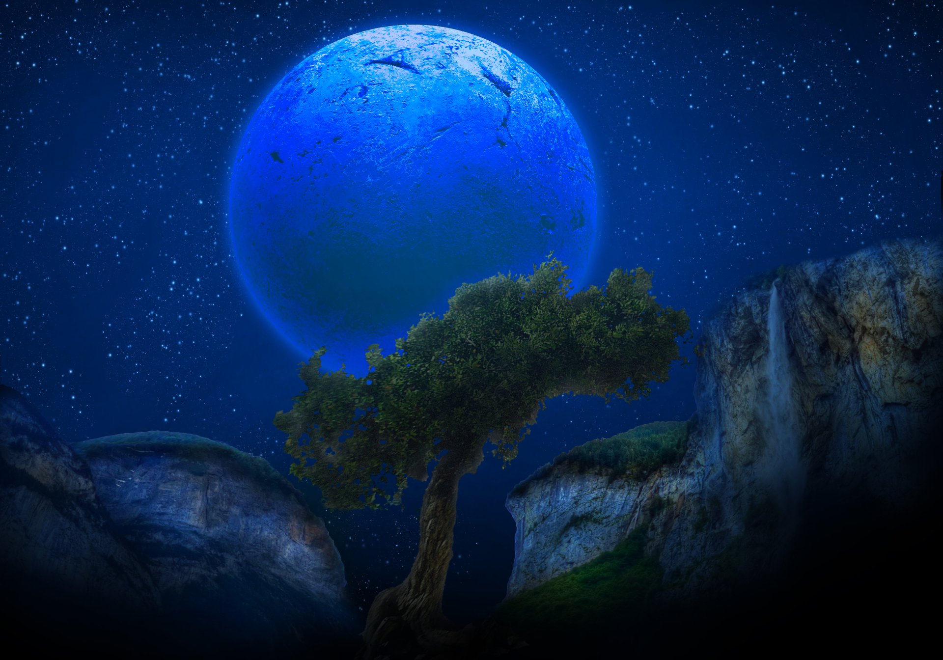 A 4K Ultra HD artistic landscape wallpaper featuring a twisted tree under a vivid blue moon and a starry night sky.