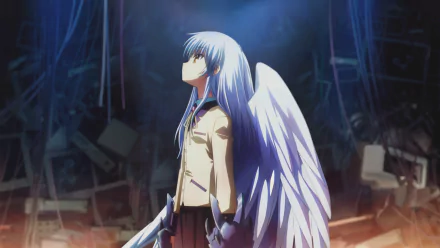 HD wallpaper featuring Kanade Tachibana from Angel Beats! with white hair and angel wings, looking up in a dark, partially illuminated setting.
