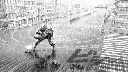 HD desktop wallpaper featuring Saitama from One-Punch Man facing a monstrous opponent in the middle of a rain-soaked city street.