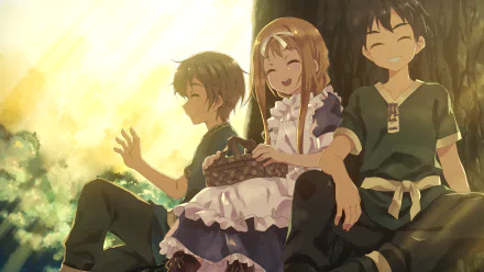 HD wallpaper featuring Kirito, Alice Zuberg, and Eugeo from Sword Art Online: Alicization, seated outdoors, smiling and enjoying a serene moment under golden sunlight.