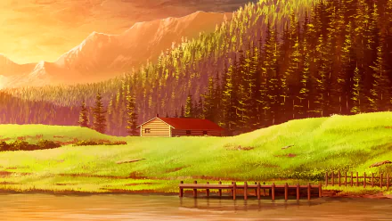 HD PC desktop wallpaper from the anime Sword Art Online, featuring a serene lakeside scene with a wooden cabin, dock, lush green fields, and forested mountains at sunset.