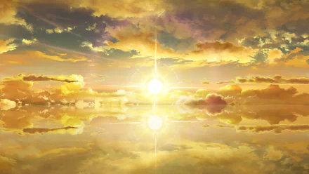 HD desktop wallpaper of a stunning sunset from Sword Art Online, featuring a serene reflection of clouds and a glowing sun over a calm, golden sky.