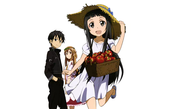 HD PC desktop wallpaper featuring characters from the anime Sword Art Online, showcasing a girl with a basket of apples and two other characters in the background.