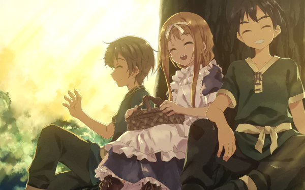 HD wallpaper featuring Kirito, Alice Zuberg, and Eugeo from Sword Art Online: Alicization, seated outdoors, smiling and enjoying a serene moment under golden sunlight.