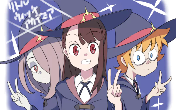 HD desktop wallpaper featuring Sucy Manbavaran, Lotte Yanson, and Atsuko Kagari from the anime Little Witch Academia, all posing with peace signs.