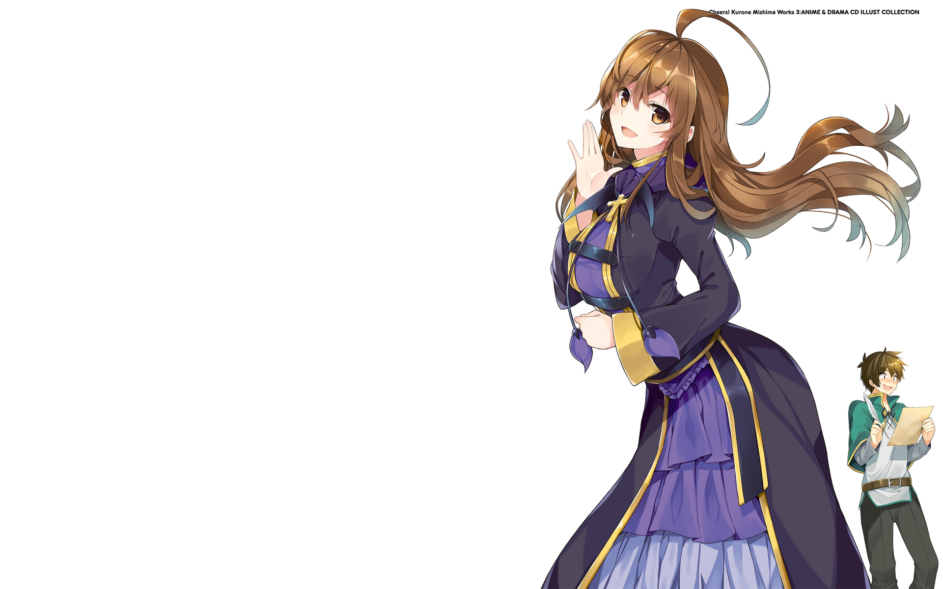 HD desktop wallpaper featuring Wiz and Kazuma Satou from the anime series KonoSuba: God's Blessing on This Wonderful World! Wiz is smiling with her hand near her face, while Kazuma reads a document.