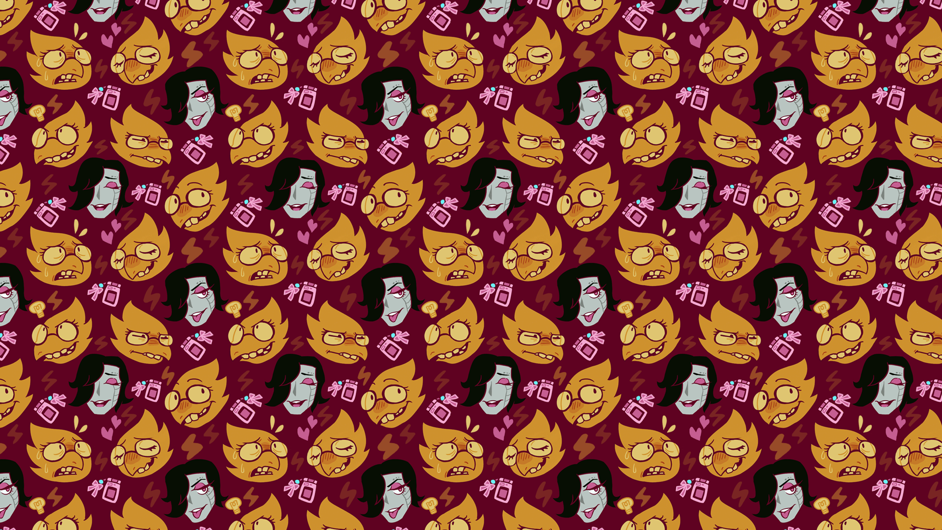 This HD desktop wallpaper features a vibrant pattern of Mettaton EX and Alphys from the video game Undertale. The background is maroon and filled with various expressions of the characters.