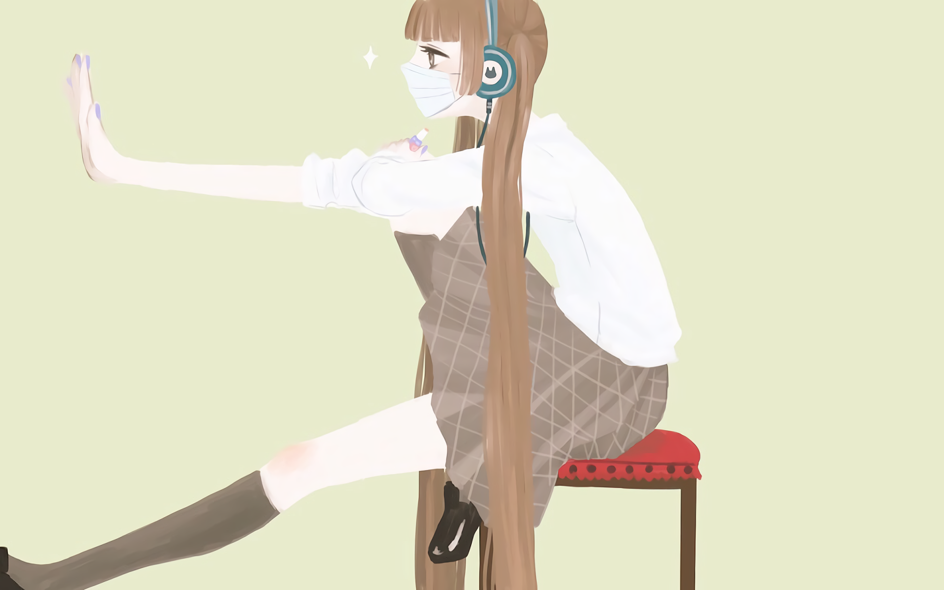 HD desktop wallpaper of Nino Arisugawa from Anime Fukumenkei Noise. She is sitting on a red chair, wearing headphones and a mask, extending her arm, set against a light background.