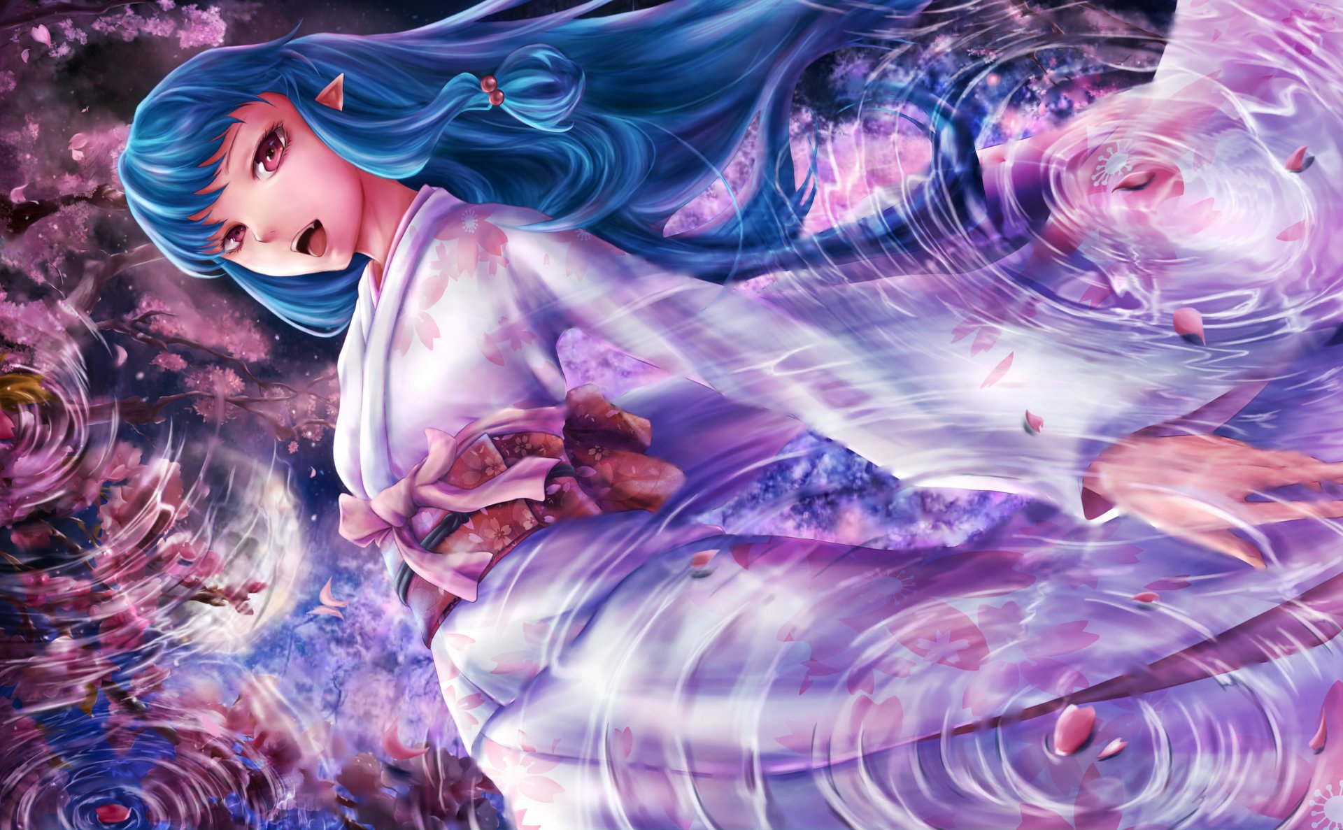 Anime-style illustration of a female character from Tsugumomo with flowing blue hair and traditional attire, rendered in vibrant 4K Ultra HD detail for a PC desktop wallpaper.